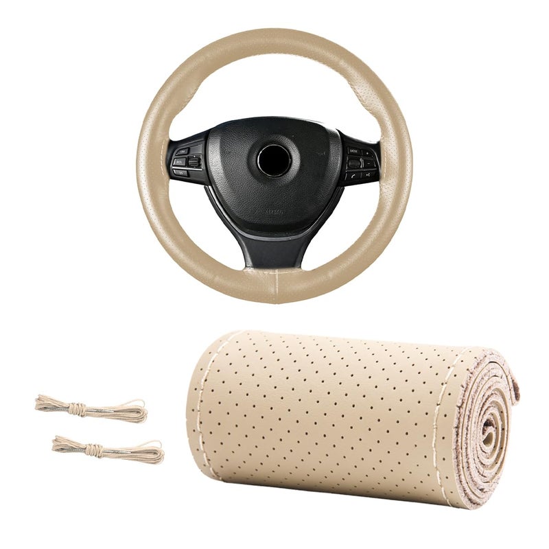 Genuine Leather Steering Wheel Cover, 15 Inches Breathable Stitch on Wrap Steering Wheel Cover, Anti-Slip Auto Wheel DIY Sewing Protector with Needle Thread (Beige, Full Hole)