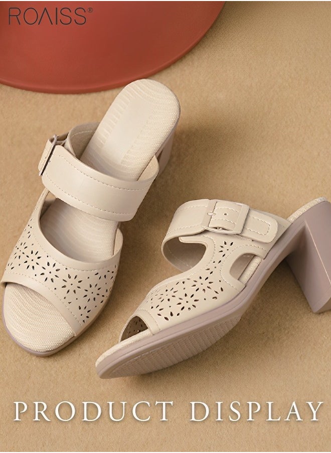 Women's Pu Leather Leaky Toe Hollowed Out Printed Thick Heeled Sandals Adjustable Side Design For Anti Slip Summer Daily Wear With Slippers