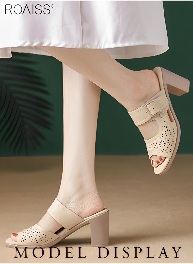 Women's Pu Leather Leaky Toe Hollowed Out Printed Thick Heeled Sandals Adjustable Side Design For Anti Slip Summer Daily Wear With Slippers