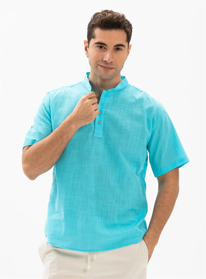 Eliş Şile Bezi Short Sleeve Şile Cloth Bodrum Men's T-shirt Light Turquoise 3075