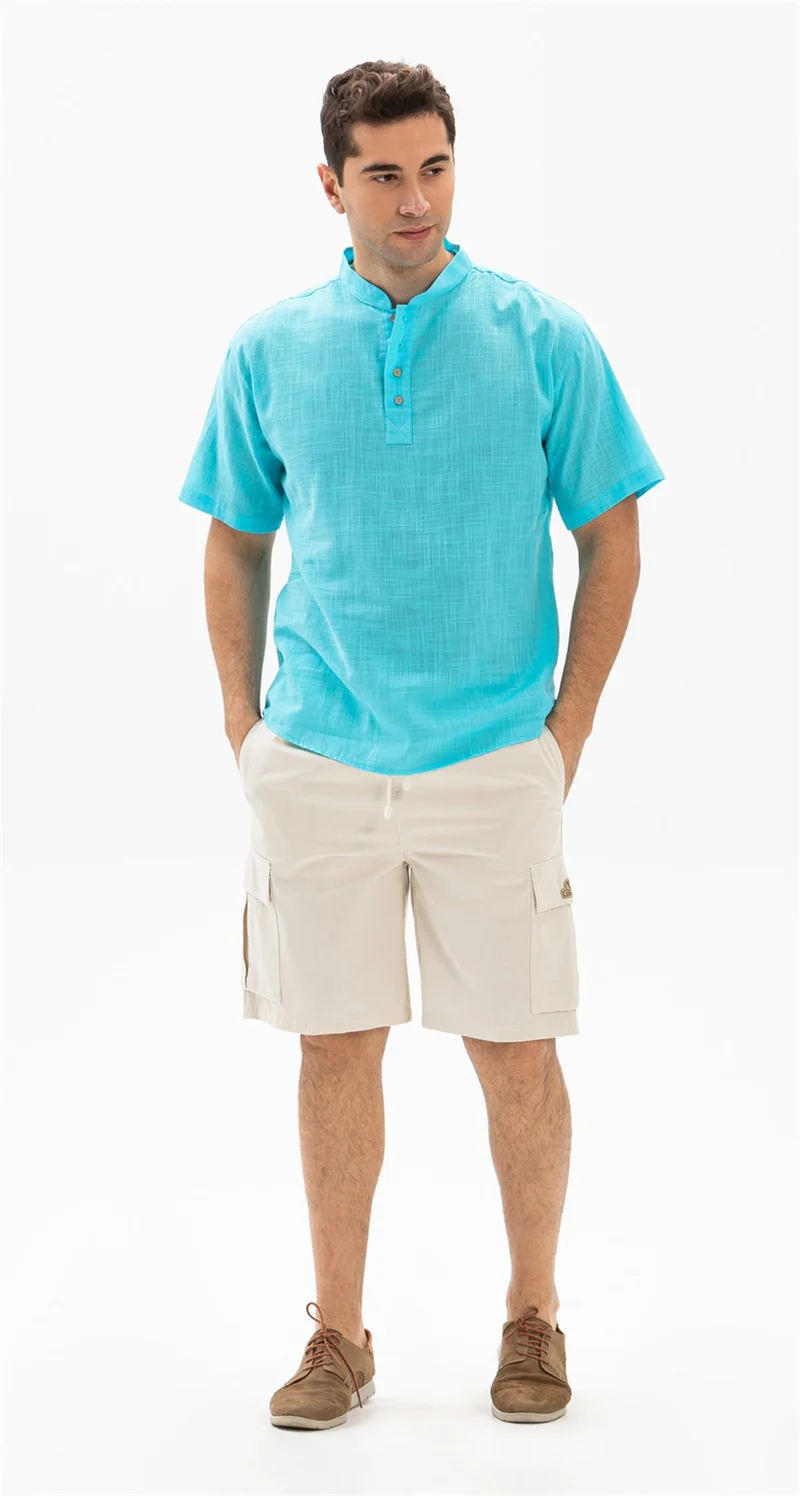 Eliş Şile Bezi Short Sleeve Şile Cloth Bodrum Men's T-shirt Light Turquoise 3075