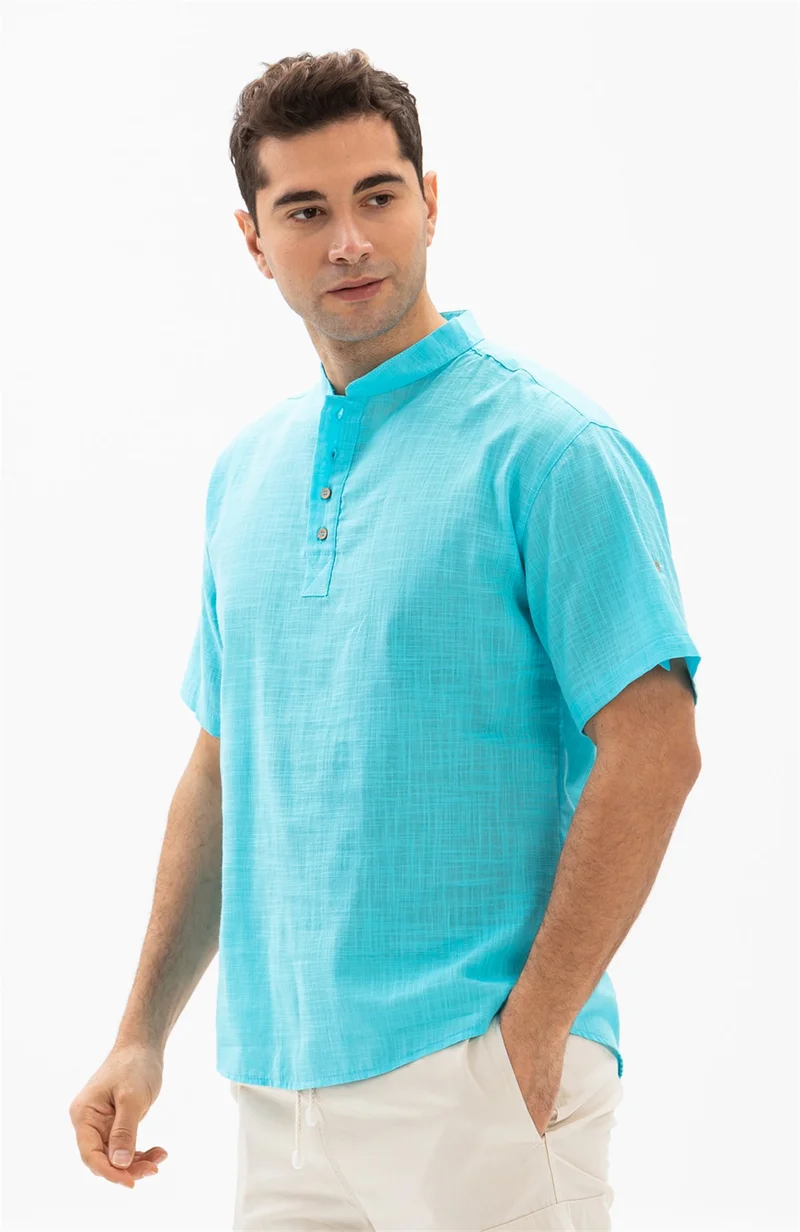 Eliş Şile Bezi Short Sleeve Şile Cloth Bodrum Men's T-shirt Light Turquoise 3075