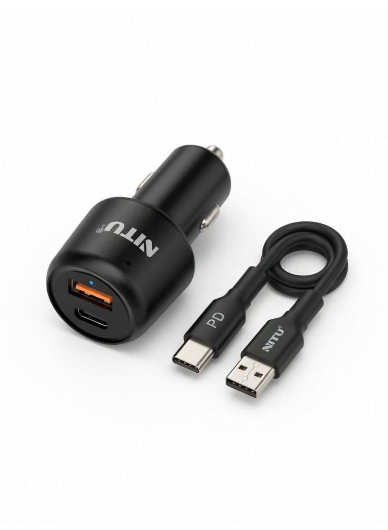 Nitu NDC14 25W Dual Port Car Charger USB-C PD & USB-A QC3.0 Fast Charging Adapter with 1M Type-C Cable for Car & Truck 12V/24V - Image 2