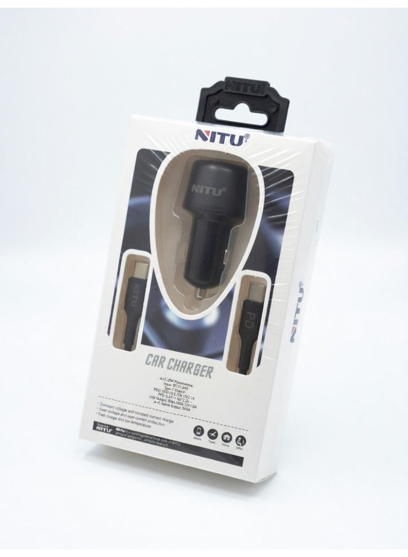 Nitu NDC14 25W Dual Port Car Charger USB-C PD & USB-A QC3.0 Fast Charging Adapter with 1M Type-C Cable for Car & Truck 12V/24V - Image 1