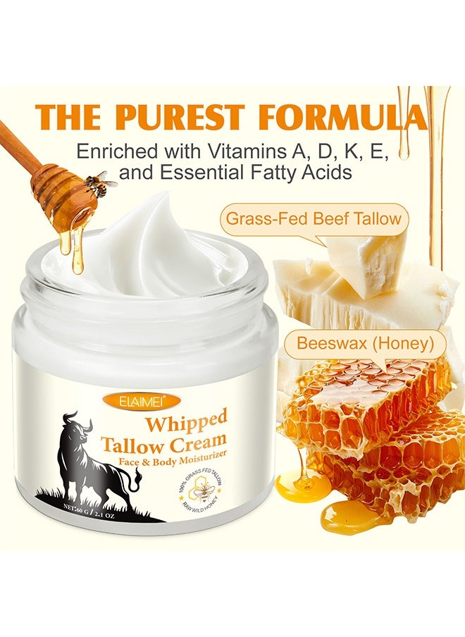 Elaimei Whipped Tallow Cream Face &Body Moisturizer - Organic Grass-Fed Beef Tallow for Skin - Whipped Tallow & Honey Cream, Deeply Moisturizing Handmade Face Moisturizer - All-Natural Lotion 60g  - Image 2