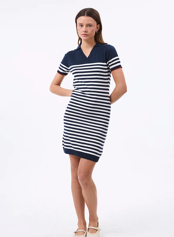 FELIX HARDY V neck Collared and Striped Elegant Knit Midi Summer Dress