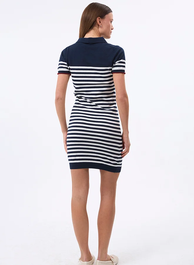 FELIX HARDY V neck Collared and Striped Elegant Knit Midi Summer Dress