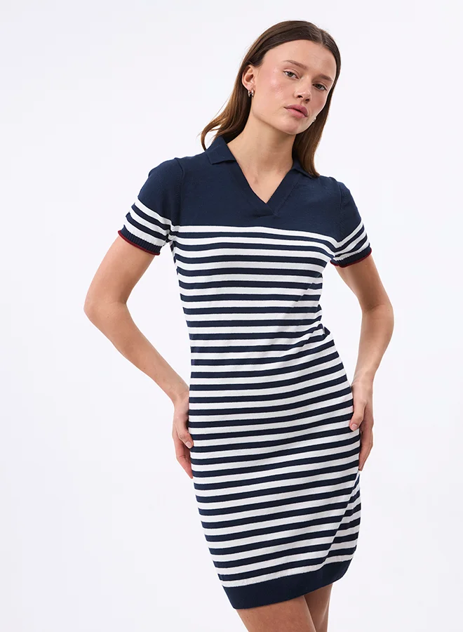 FELIX HARDY V neck Collared and Striped Elegant Knit Midi Summer Dress