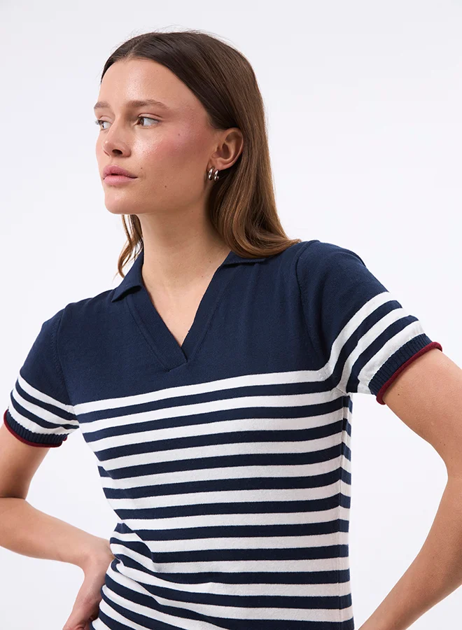 FELIX HARDY V neck Collared and Striped Elegant Knit Midi Summer Dress