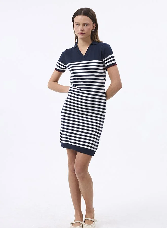 FELIX HARDY V neck Collared and Striped Elegant Knit Midi Summer Dress