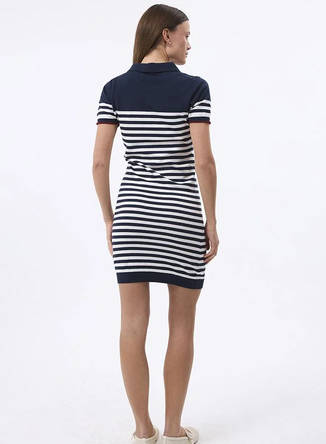 FELIX HARDY  V neck Collared and Striped Elegant Knit Midi Summer Dress for Women | Best Price UAE