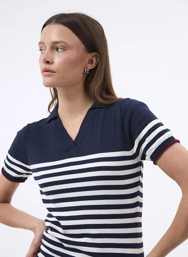 FELIX HARDY  V neck Collared and Striped Elegant Knit Midi Summer Dress for Women | Best Price UAE