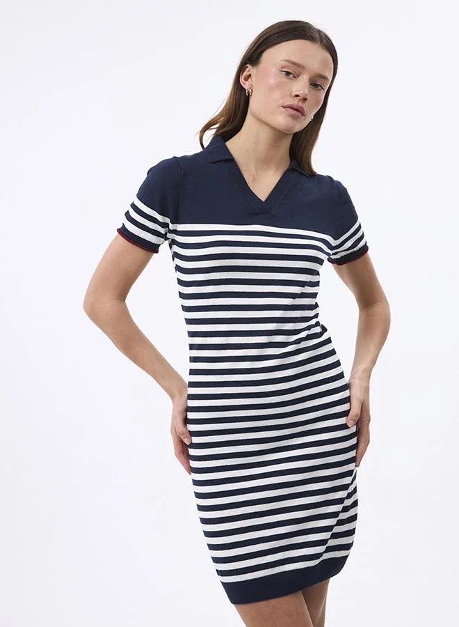 FELIX HARDY V neck Collared and Striped Elegant Knit Midi Summer Dress