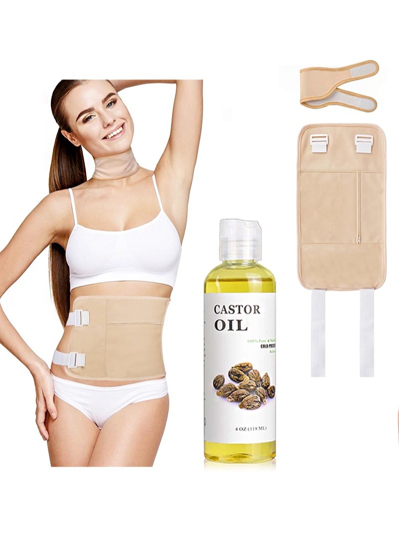 HaLunhi Castor Oil Organic Cold Pressed Unrefined (4OZ/118ML), Pack Wrap Cotton for Waist Thyroid Neck, Reusable Packs Liver Detox with Adjustable Elastic Strap Anti Leak（Khaki）  - Image 1