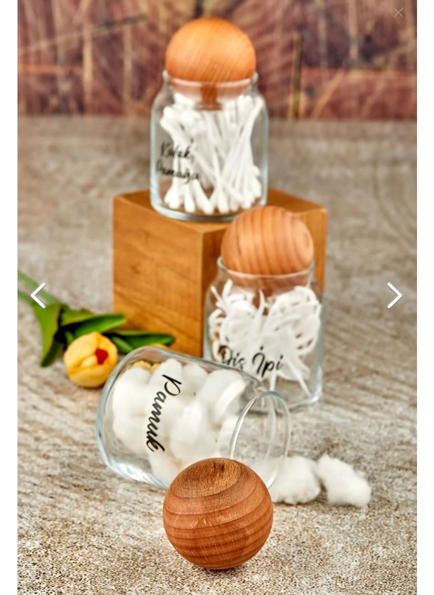 Fbz Home 3-Piece 300 ml Glass Ear Cotton & Dental Floss & Cotton Jar with Wooden Ball Lid  - Image 3