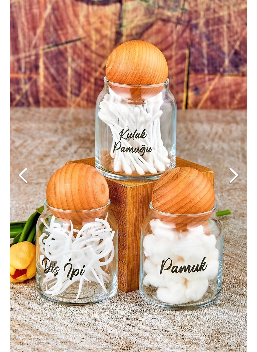 Fbz Home 3-Piece 300 ml Glass Ear Cotton & Dental Floss & Cotton Jar with Wooden Ball Lid  - Image 2
