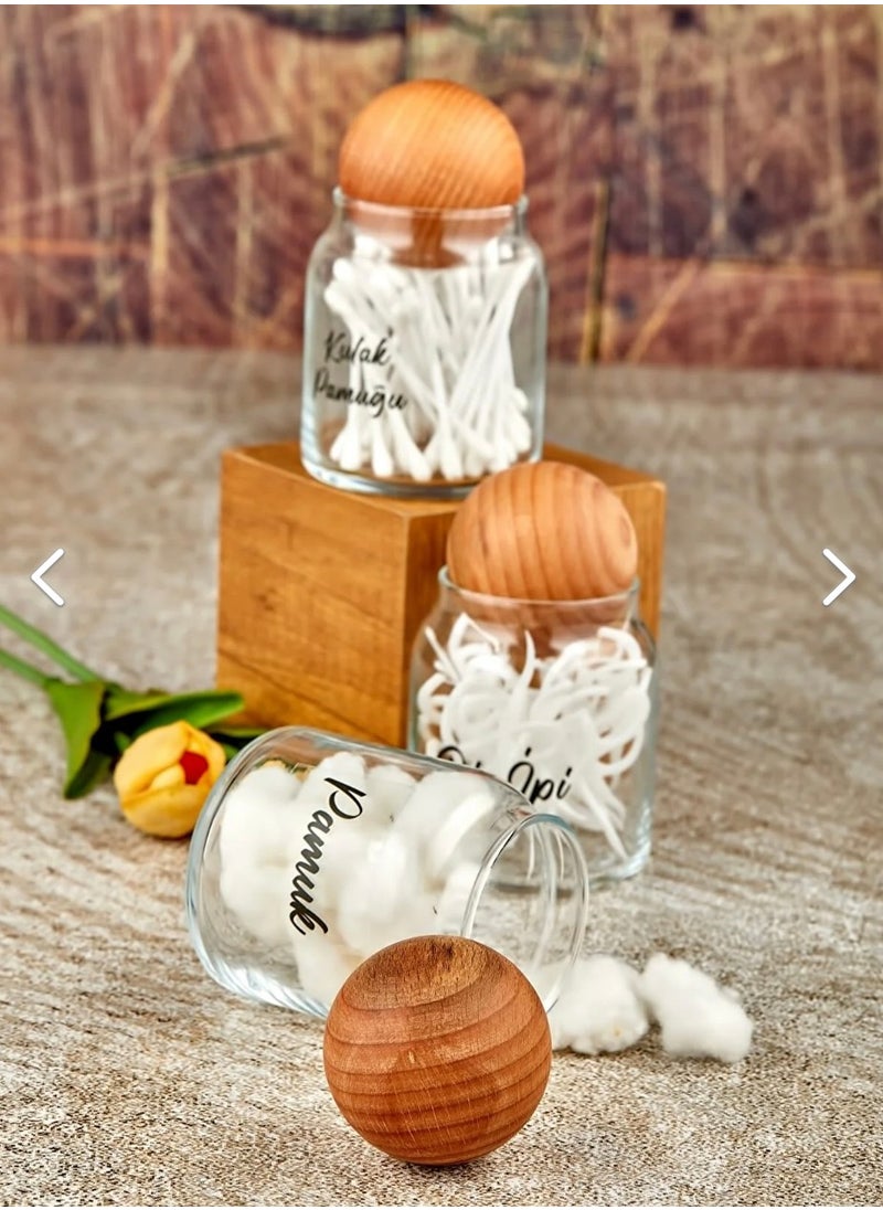Fbz Home 3-Piece 300 ml Glass Ear Cotton & Dental Floss & Cotton Jar with Wooden Ball Lid  - Image 1