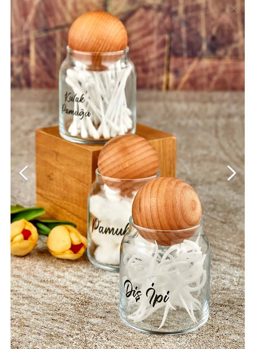 Fbz Home 3-Piece 300 ml Glass Ear Cotton & Dental Floss & Cotton Jar with Wooden Ball Lid  - Image 4