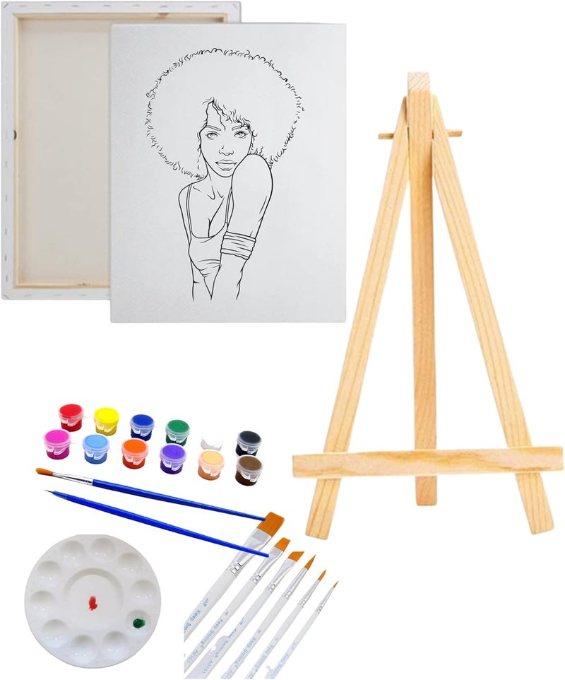 Pre Drawn Canvas Paint Kit | Teen, Kids and Adult Sip and Paint Party | DIY Date Night Couple Activity| Canvas Boards for painting| Beautiful Sista (M 12X16 PAINT. EASLE, 10 PAINT BRUSHES)