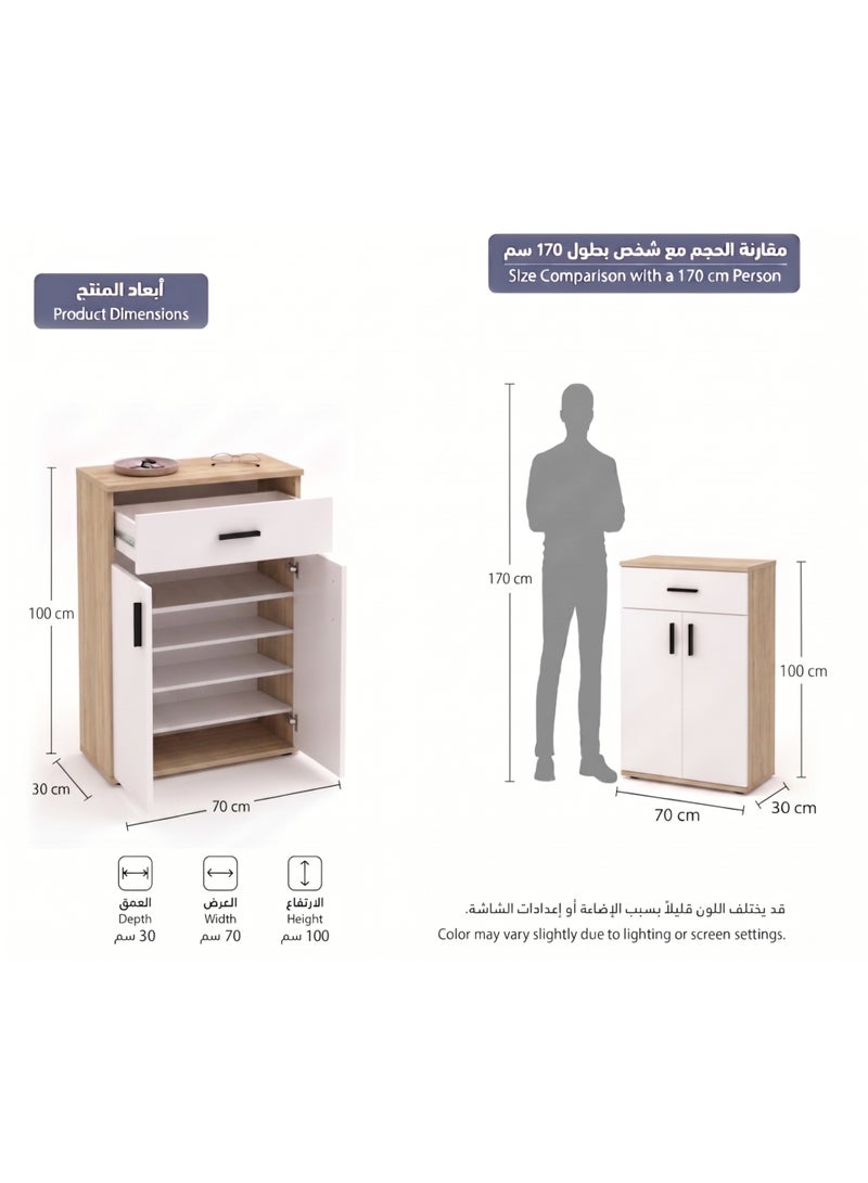 Furniture Store Modern shoe rack/shoe cabinet with a wide drawer and 5 shelves, MDF, in light wood color with white, high-quality finish, from Furniture Store. - Image 2