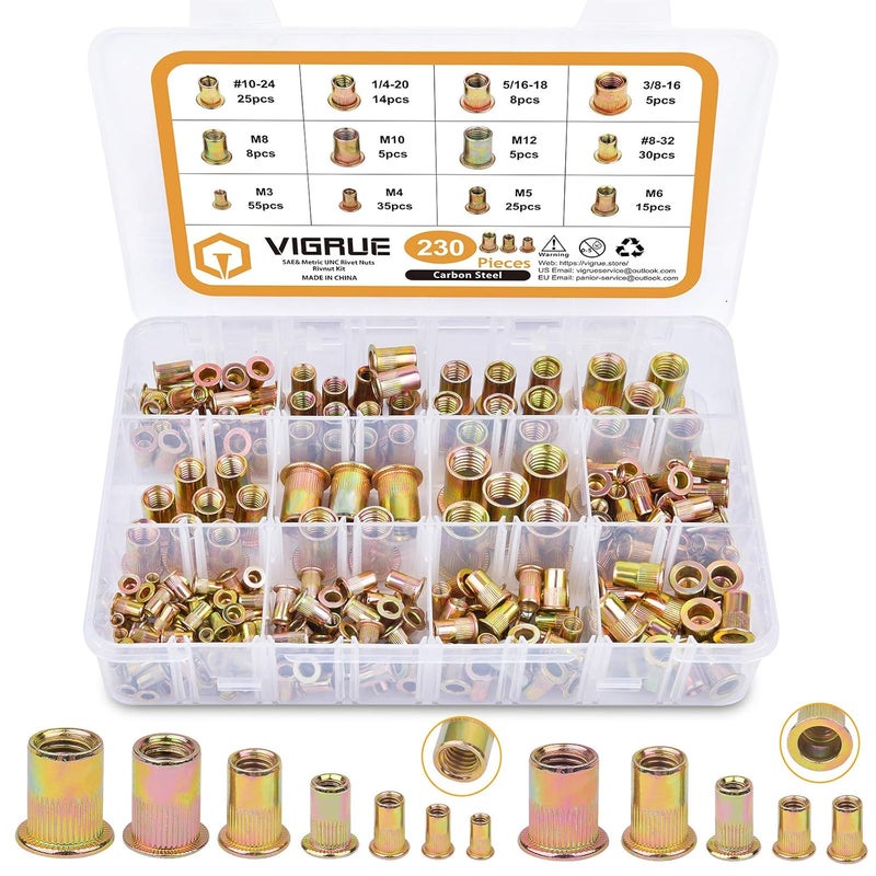 VIGRUE Rivet Nuts Assortment Kit, 230PCS SAE and Metric Carbon Steel UNC Nutserts Rivnut, Zinc Plated, Flat Head Insert Nut Assort #8-32#10-24 1/4"-20 3/8"-16 5/16"-18 and M3 M4 M5 M6 M8 M10 M12 - Image 1
