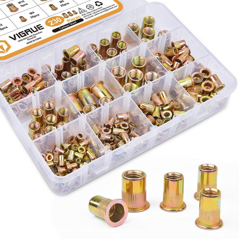 VIGRUE Rivet Nuts Assortment Kit, 230PCS SAE and Metric Carbon Steel UNC Nutserts Rivnut, Zinc Plated, Flat Head Insert Nut Assort #8-32#10-24 1/4"-20 3/8"-16 5/16"-18 and M3 M4 M5 M6 M8 M10 M12 - Image 5