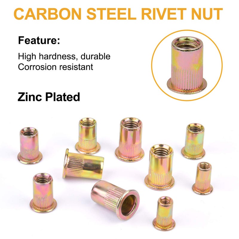 VIGRUE Rivet Nuts Assortment Kit, 230PCS SAE and Metric Carbon Steel UNC Nutserts Rivnut, Zinc Plated, Flat Head Insert Nut Assort #8-32#10-24 1/4"-20 3/8"-16 5/16"-18 and M3 M4 M5 M6 M8 M10 M12 - Image 4