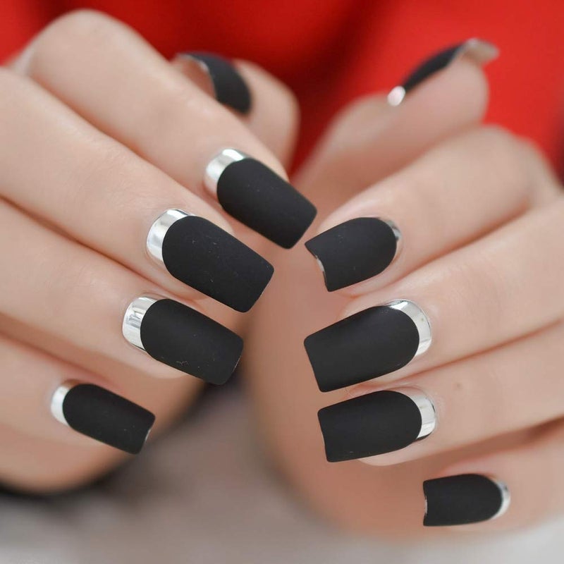 Matte Square Fake Nails Medium Long Size French Moo Nail Silver Metallic ABS Fingernails 24 count