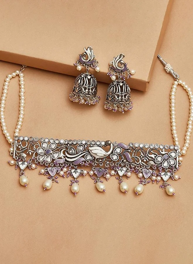 VOYLLA Filigree Design Silver Toned Round Faux Pearls Jewellery Set