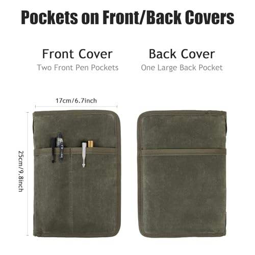 Hagsfire Zipper A5 Notebook Journal Planner Sketchbook Cover, Water Resistant Waxed Canvas Pocket Pocket Field Notes Cover for Journal Notebook Password Planner Book with Pen Loop (8.6"x6.9", Olive) - Image 3