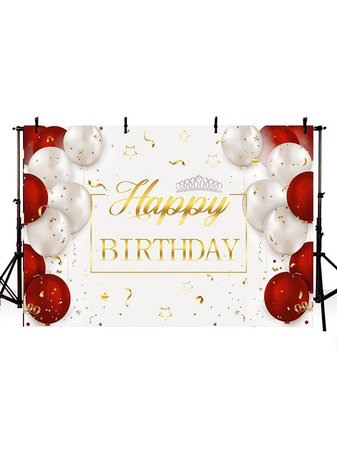 ABLIN 7X5Ft Gold Happy Birthday Backdrop Red White Balloons Silver Crown Photography Background Birthday Party Decorations Cake Table Baner Wall Decor Props Vinyl Fabric - Image 3