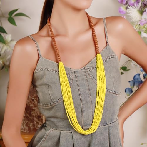Bocar Long Multiple Row Handmade Beaded Statement Necklace with Gift Box (NK-10407-yellow) - Image 2