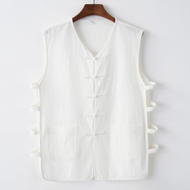 Tang suit mens sleeveless sweatshirt vest vest mandarin jacket summer Chinese style Chinese buckle old head shirt waistcoat White 