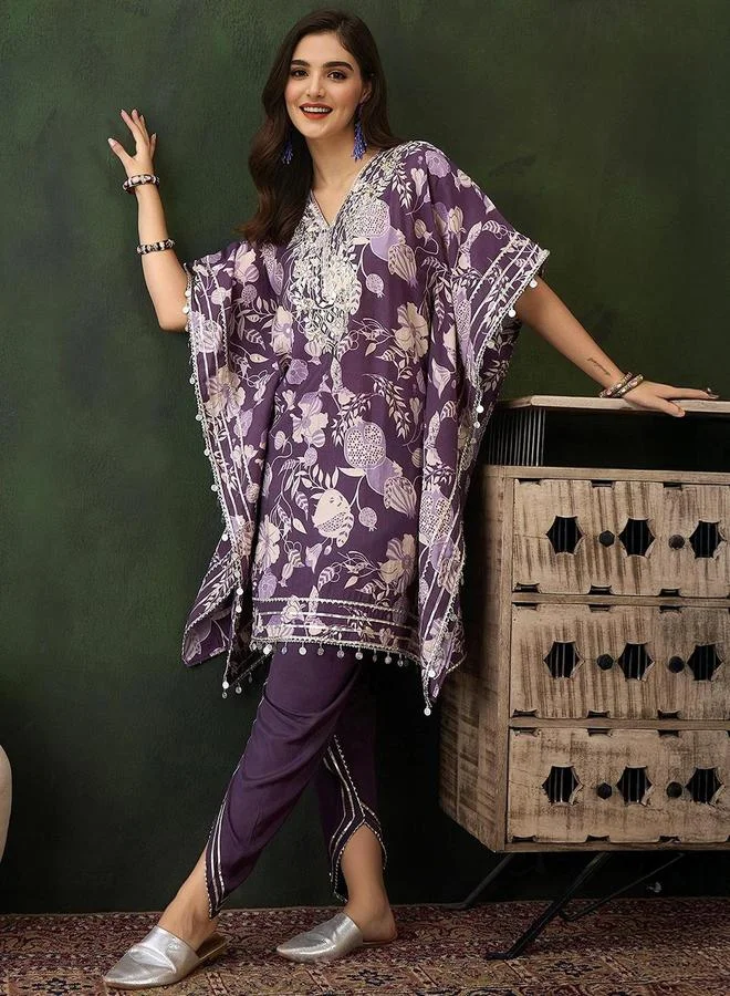 ISHIN purple Women's Purple Chanderi Embellished Tunic Top With Ankle Dhoti Flared 2 Peice Kurta Set for Women | Best Price UAE