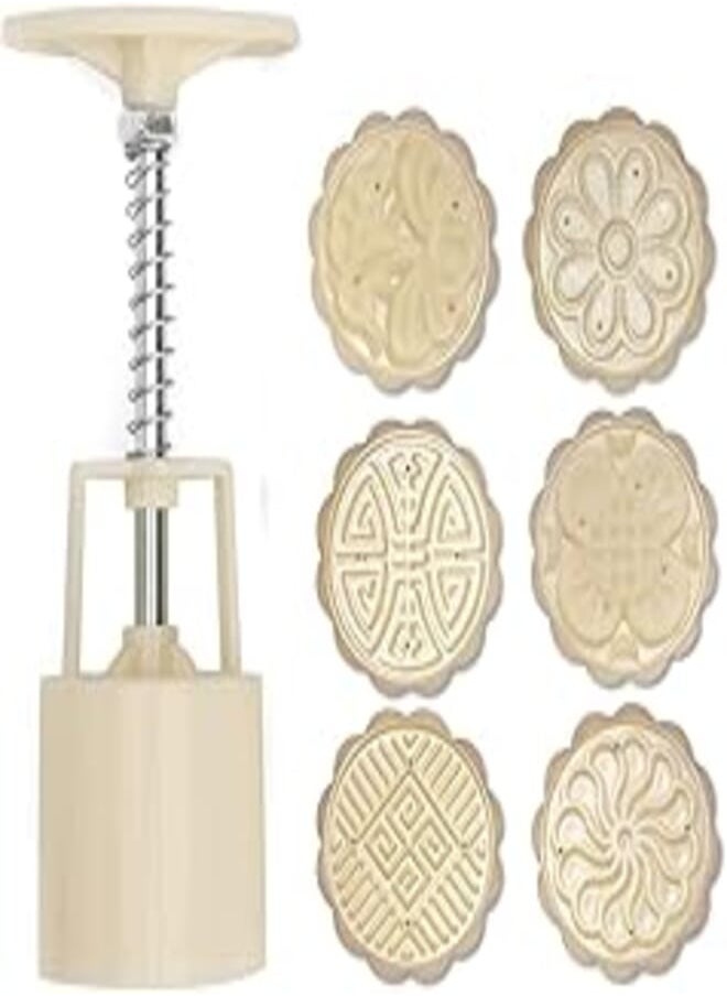OR 3D Cookie Cutter Press Flower Moon Cake Mold with Set 6 Pcs Pattern Baking Accessories for Pastry Mold Bakware - Muffin Fondant - Cupcake Dessert - Eid & Mid-Autumn Festival - Circle Shape 