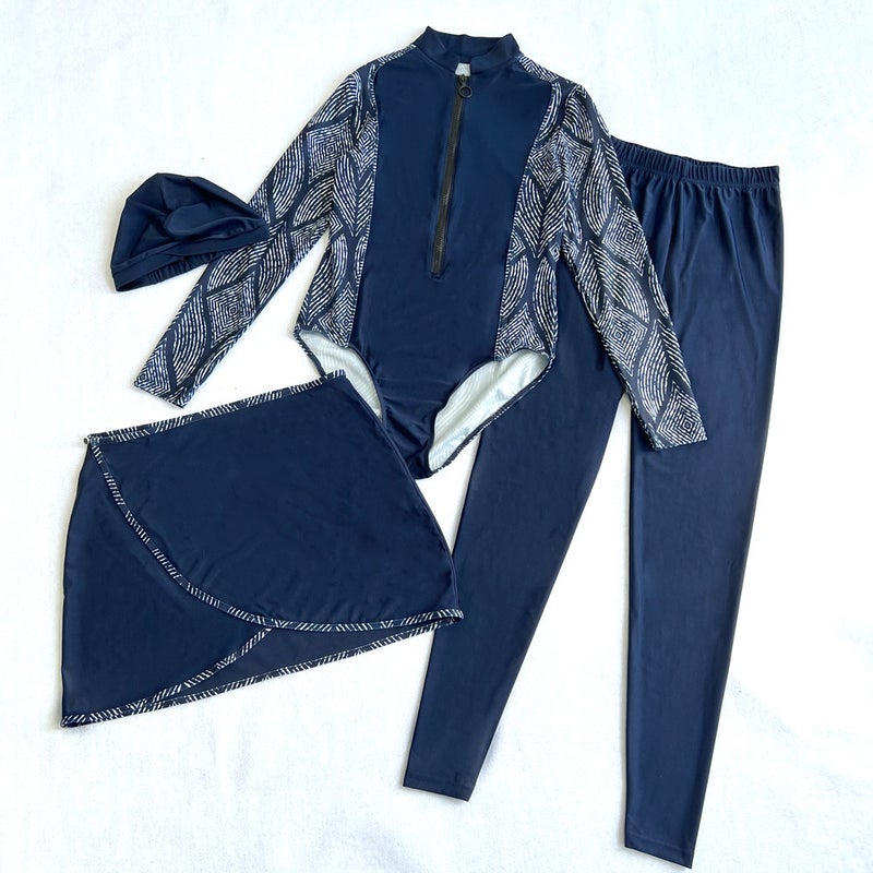 Full Surrounded Sheltering Diving Surfing Conservative Swimsuit Four-Piece Beach Printed Sunscreen Long-Sleeved Split Swimsuit - Image 5