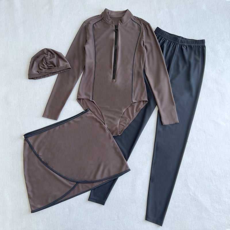 Full Surrounded Sheltering Diving Surfing Conservative Swimsuit Four-Piece Beach Printed Sunscreen Long-Sleeved Split Swimsuit - Image 4