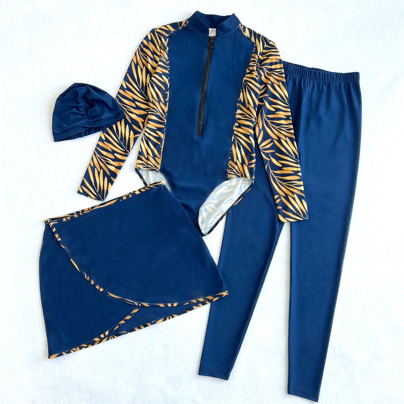 Full Surrounded Sheltering Diving Surfing Conservative Swimsuit Four-Piece Beach Printed Sunscreen Long-Sleeved Split Swimsuit - Image 3