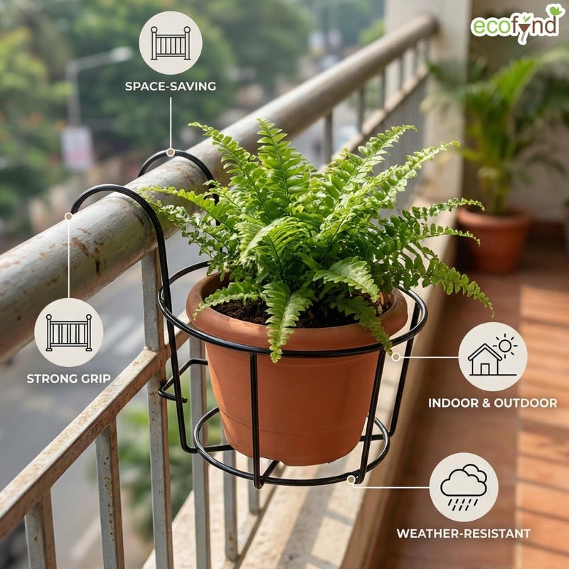 ecofynd مجموعة المكونة من قطعة واحدة من حامل أواني الزهور المعدني المستدير المعلق لدرابزين الشرفات، حامل أواني غاملا لديكورات الشرفة الخارجية، حوامل نباتات للشرفة، حامل أواني زهور داخلي (أسود، PS028) - Image 4