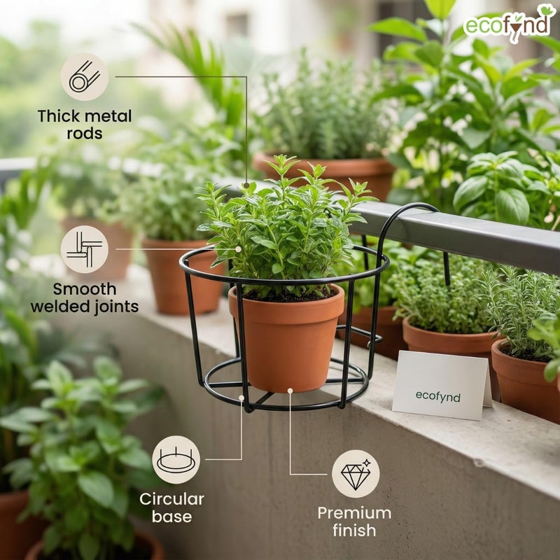 ecofynd مجموعة المكونة من قطعة واحدة من حامل أواني الزهور المعدني المستدير المعلق لدرابزين الشرفات، حامل أواني غاملا لديكورات الشرفة الخارجية، حوامل نباتات للشرفة، حامل أواني زهور داخلي (أسود، PS028) - Image 3
