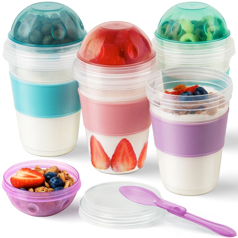 Freshmage 4 Pack 20 oz Yogurt Parfait Cups with Lids, Reusable Overnight Oats Containers with Lids, Folding Spoons and Topping Compartment for Breakfast to Go - Image 1