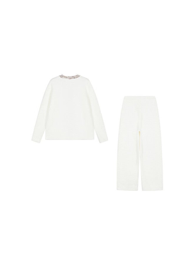 Aimer Mousse Velvet Crew Neck Cardigan Long Sleeve Two-piece Set Ivory 100 170 - Image 1