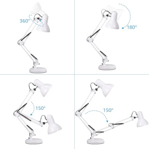 TORCHSTAR Metal Desk Lamp with Clamp, Swing Arm, Architect Adjustable Gooseneck Table Lamp, Clip Desk Lights for Home Office, Work, Study, Reading, E26 Base, Multi-Joint, White - Image 5