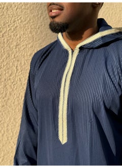 Yigo by Mariam Qamis Guedio – Men’s Hooded Qamis in Navy Blue with Fine White Stripes
Mens Thobes  - Image 4