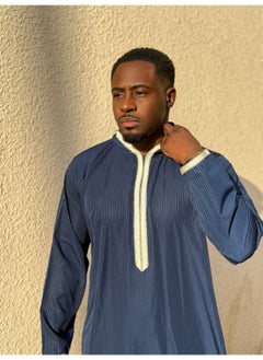 Yigo by Mariam Qamis Guedio – Men’s Hooded Qamis in Navy Blue with Fine White Stripes
Mens Thobes  - Image 3
