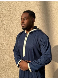 Yigo by Mariam Qamis Guedio – Men’s Hooded Qamis in Navy Blue with Fine White Stripes
Mens Thobes  - Image 2
