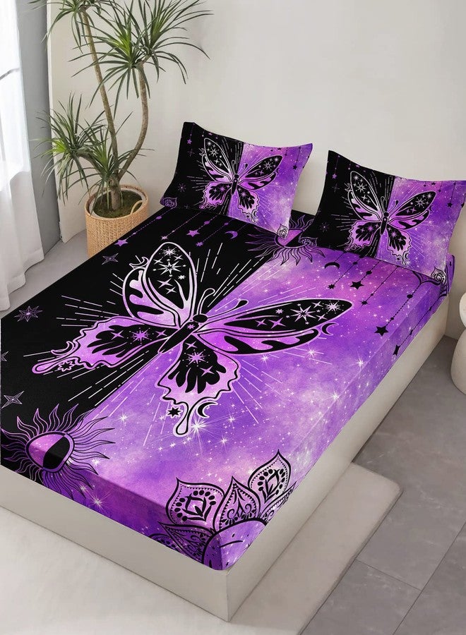 HOSIMA Butterfly Black and Purple Fitted Sheet Set, Microfiber 3 Piece Starry Sun Butterfly Fitted Sheet with 2 Pillowcases,Bohemian Aesthetics Mandala, Queen 60''*80'' - Image 2