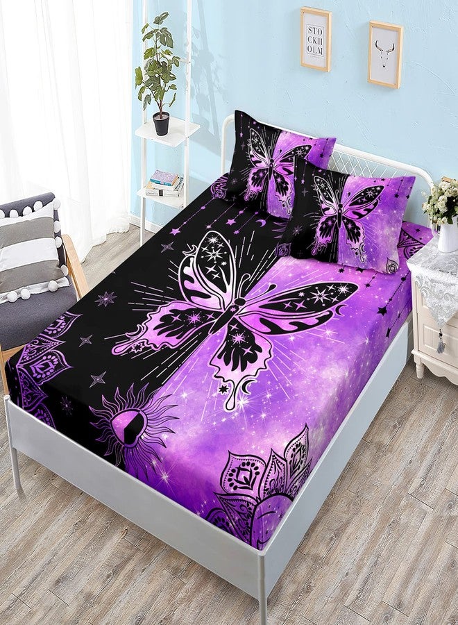 HOSIMA Butterfly Black and Purple Fitted Sheet Set, Microfiber 3 Piece Starry Sun Butterfly Fitted Sheet with 2 Pillowcases,Bohemian Aesthetics Mandala, Queen 60''*80'' - Image 1