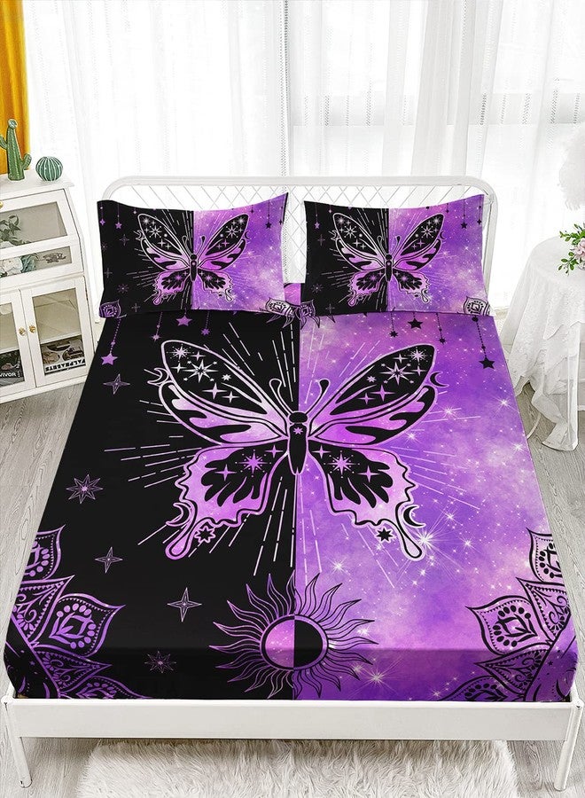 HOSIMA Butterfly Black and Purple Fitted Sheet Set, Microfiber 3 Piece Starry Sun Butterfly Fitted Sheet with 2 Pillowcases,Bohemian Aesthetics Mandala, Queen 60''*80'' - Image 4