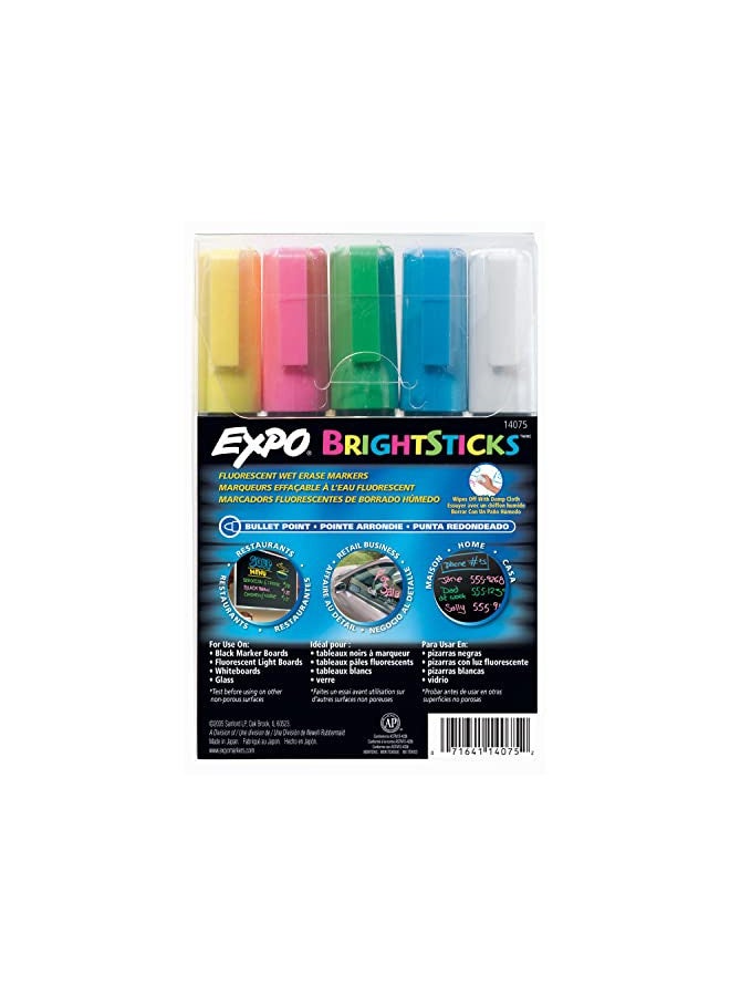 EXPO Bright Sticks Wet Erase Fluorescent Markers, Bullet Tip, Assorted Colors, 5 Count - Image 1